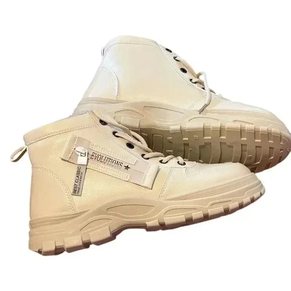 Women's Cream Combat Boots Ankle Zip Plush Lined Winter Casual - Picture 2 of 5